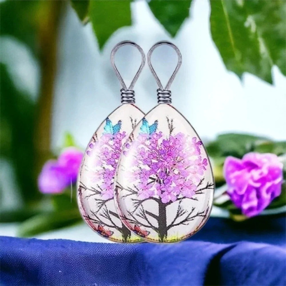 Resin Flower Pressed & Tree Tear Drop Pendant Charm Stainless Steel Necklace - Picture 3 of 3